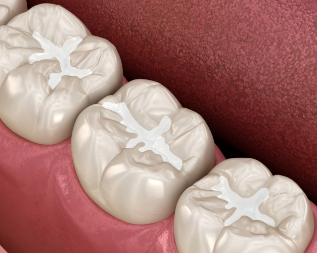 Three dental crowns displayed on pink background showing restorative dental work.
