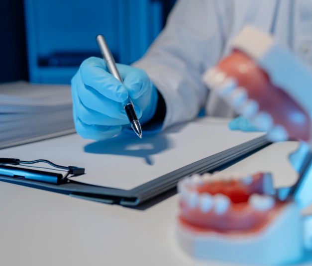 Dentist in blue gloves writing on clipboard at desk with dental models and instruments.